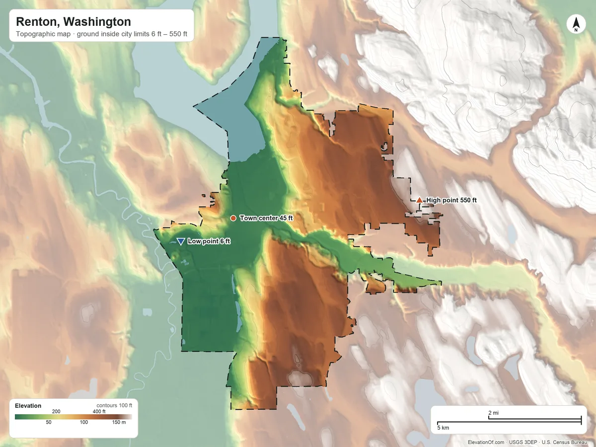 Topographic elevation map of Renton, Washington, shaded from 6 ft on the southwest side to 550 ft on the east edge, below higher ground just outside