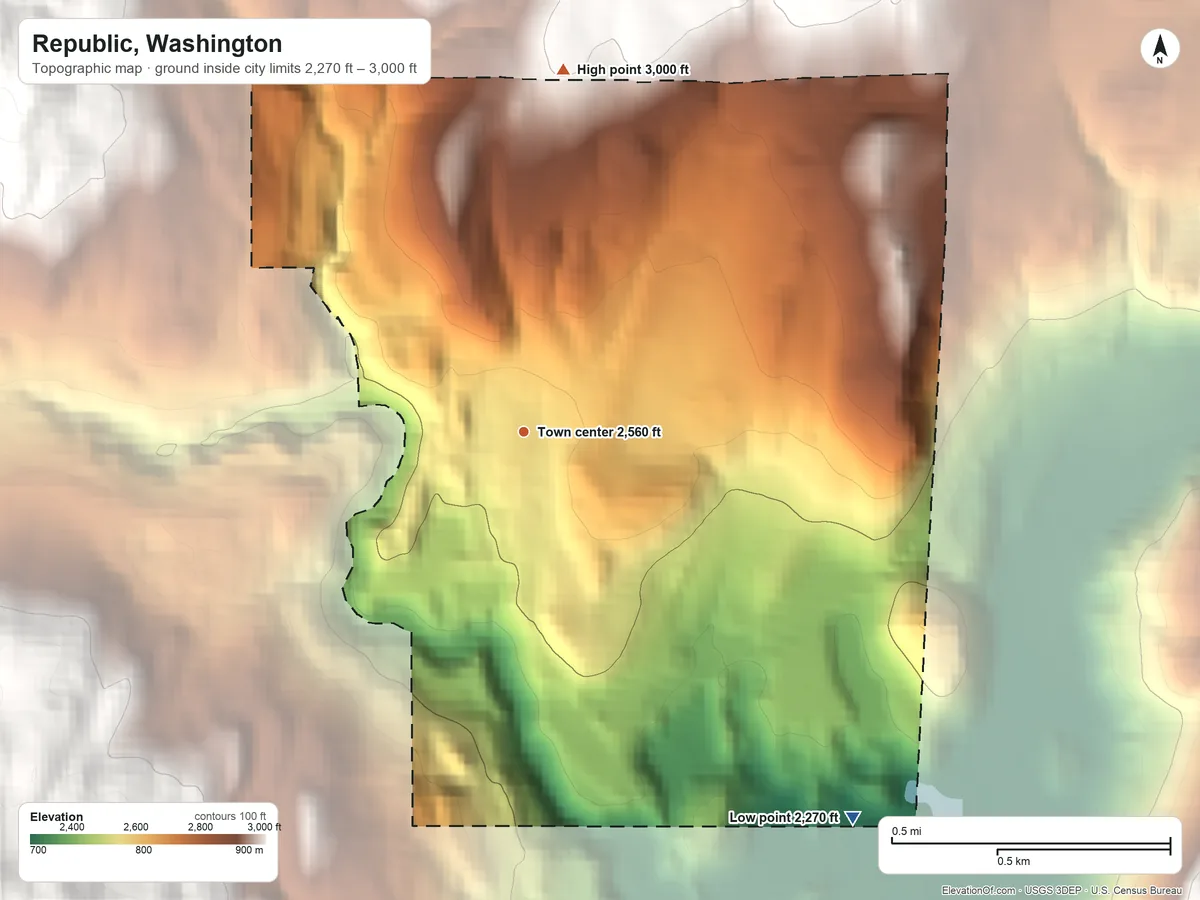 Topographic elevation map of Republic, Washington, shaded from 2,270 ft on the southeast side to 3,000 ft on the north edge, below higher ground just outside