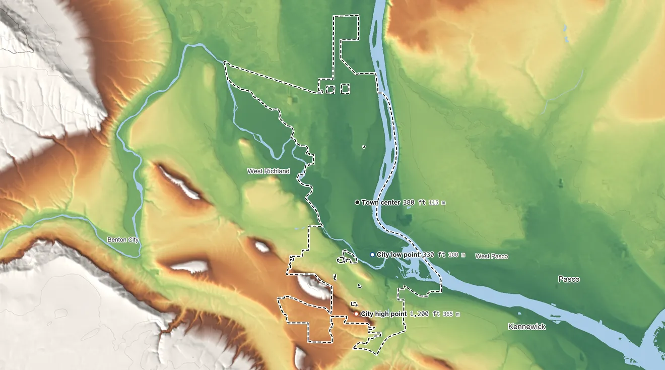 Topographic elevation map of Richland, Washington, shaded from 330 ft on the south side to 1,200 ft on the south edge, below higher ground just outside