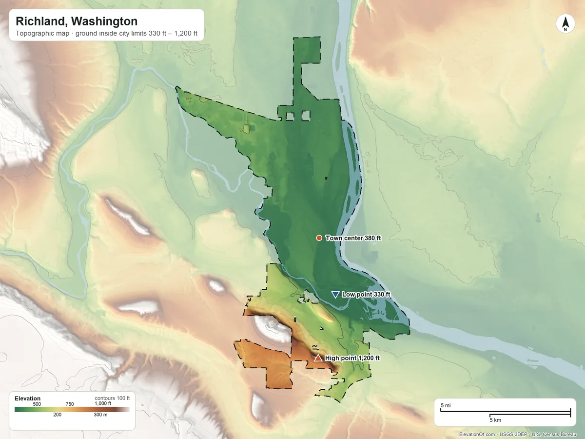 Topographic elevation map of Richland, Washington, shaded from 330 ft on the south side to 1,200 ft on the south edge, below higher ground just outside