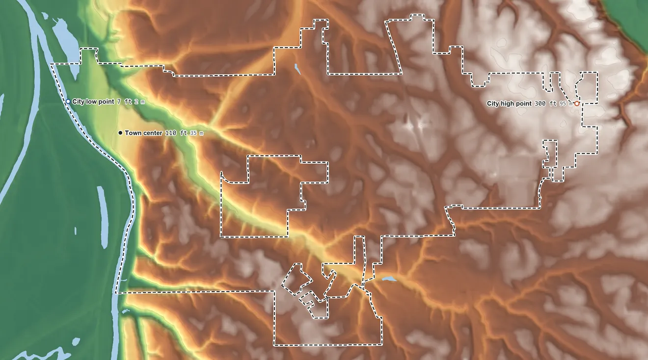 Topographic elevation map of Ridgefield, Washington, shaded from 7 ft near the middle to 300 ft on the east side