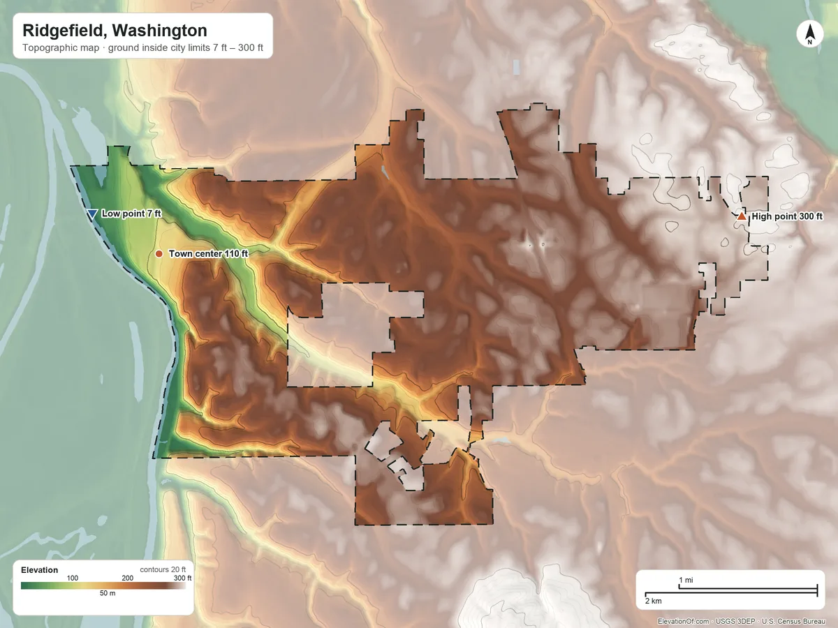Topographic elevation map of Ridgefield, Washington, shaded from 7 ft near the middle to 300 ft on the east side