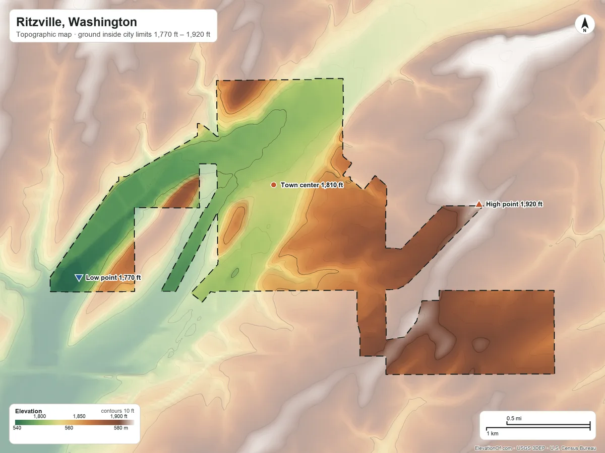 Topographic elevation map of Ritzville, Washington, shaded from 1,770 ft on the southwest side to 1,920 ft on the east side