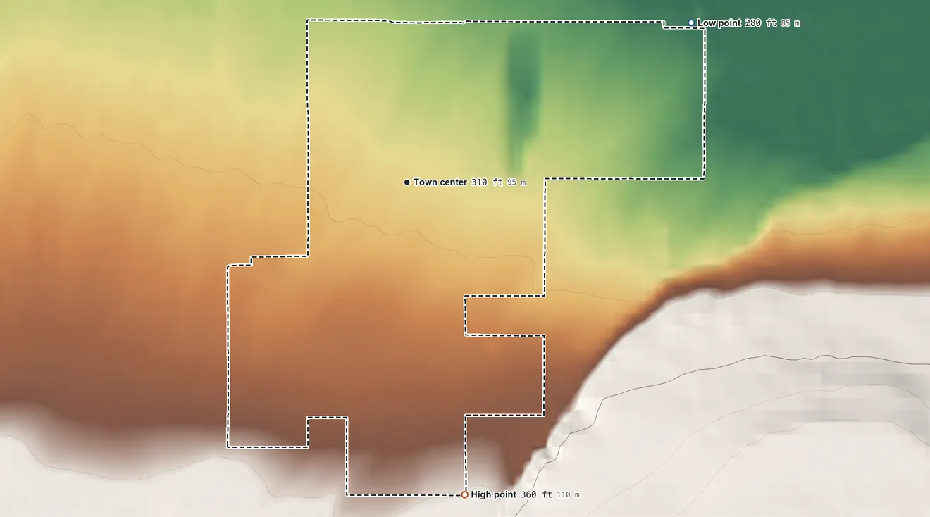 Topographic elevation map of River Road, Washington, shaded from 280 ft on the northeast side to 360 ft at the foot of the The Foothills