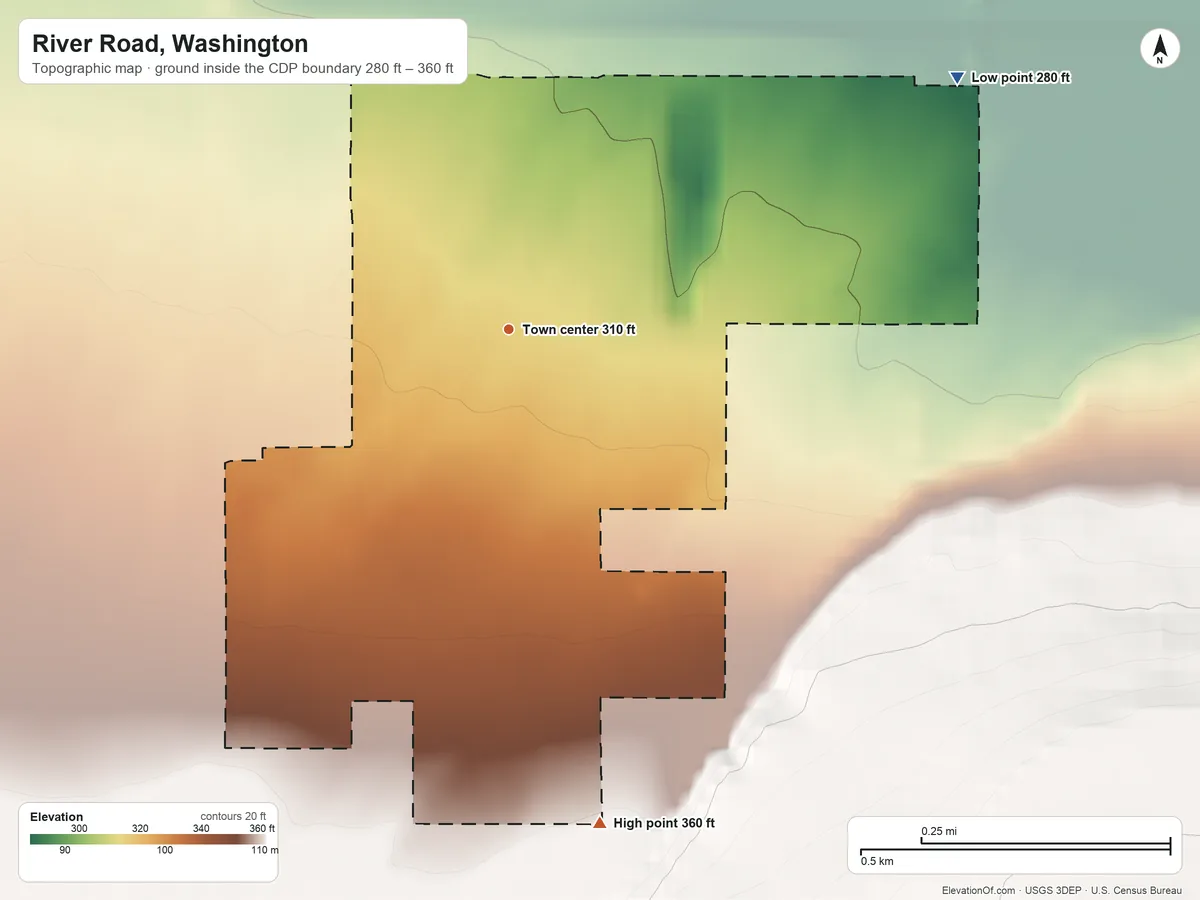 Topographic elevation map of River Road, Washington, shaded from 280 ft on the northeast side to 360 ft at the foot of the The Foothills