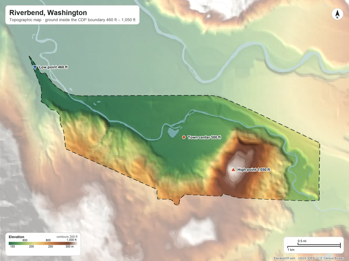 Topographic elevation map of Riverbend, Washington, shaded from 460 ft on the northwest side to 1,050 ft on the southeast edge, below higher ground just outside