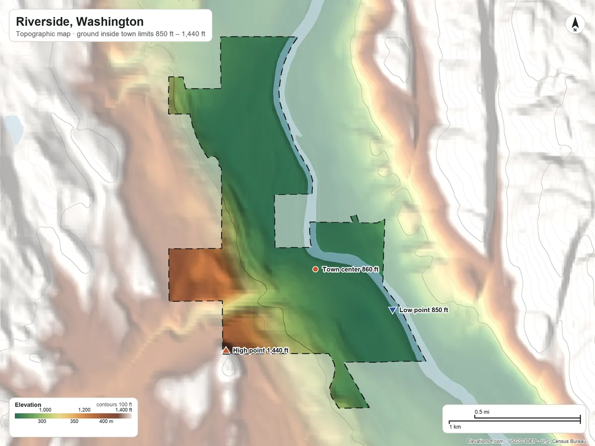 Topographic elevation map of Riverside, Washington, shaded from 850 ft on the southeast side to 1,440 ft on the southwest edge, below higher ground just outside