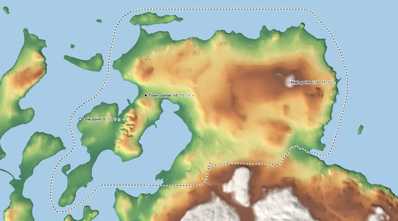 Topographic elevation map of Roche Harbor, Washington, shaded from sea level level on the Salish Sea to 270 ft on the east side