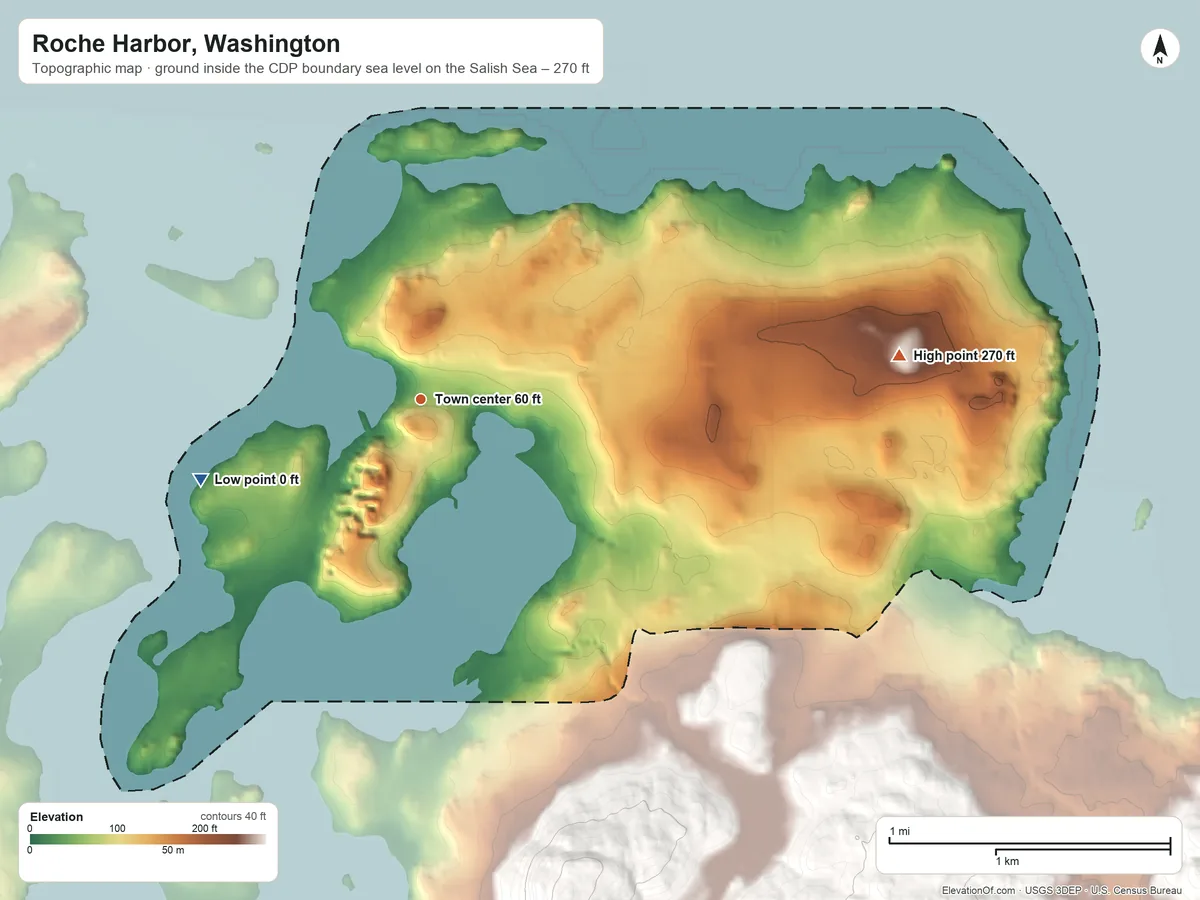 Topographic elevation map of Roche Harbor, Washington, shaded from sea level level on the Salish Sea to 270 ft on the east side