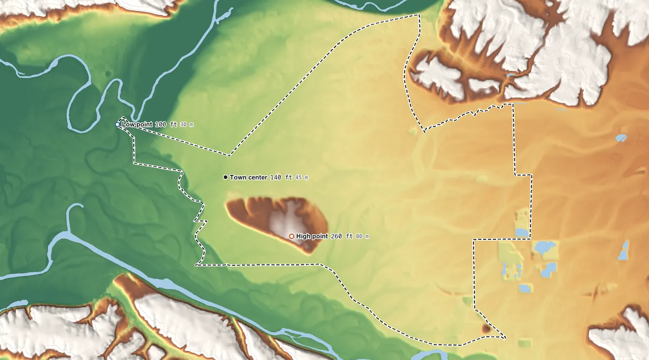 Topographic elevation map of Rochester, Washington, shaded from 100 ft on the northwest side to 260 ft on the southeast side