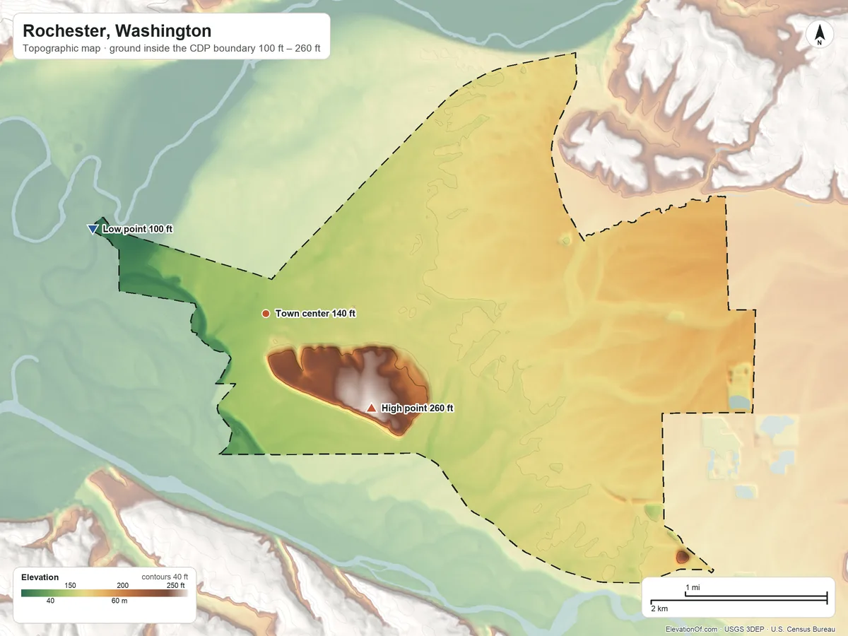 Topographic elevation map of Rochester, Washington, shaded from 100 ft on the northwest side to 260 ft on the southeast side