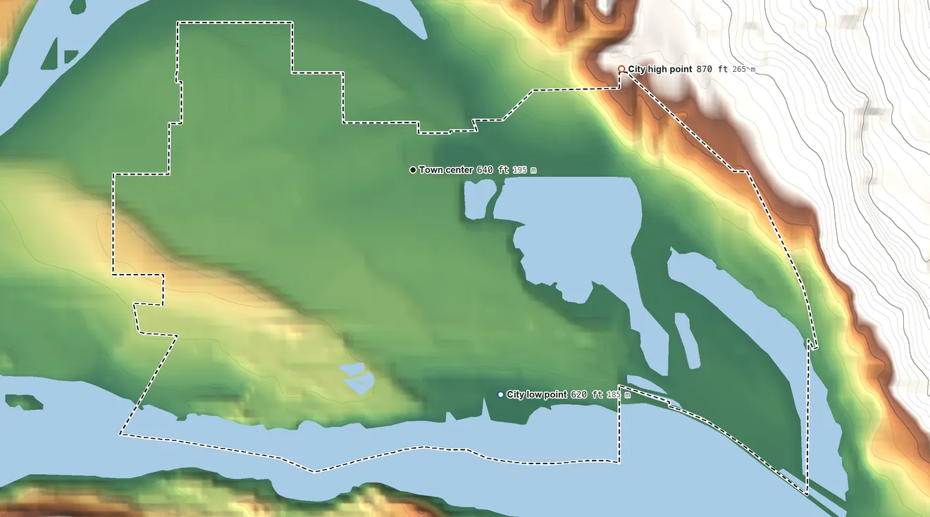 Topographic elevation map of Rock Island, Washington, shaded from 620 ft on the south side to 870 ft on the northeast edge, below higher ground just outside