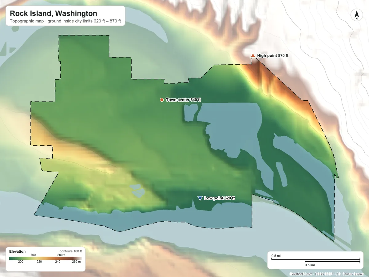 Topographic elevation map of Rock Island, Washington, shaded from 620 ft on the south side to 870 ft on the northeast edge, below higher ground just outside