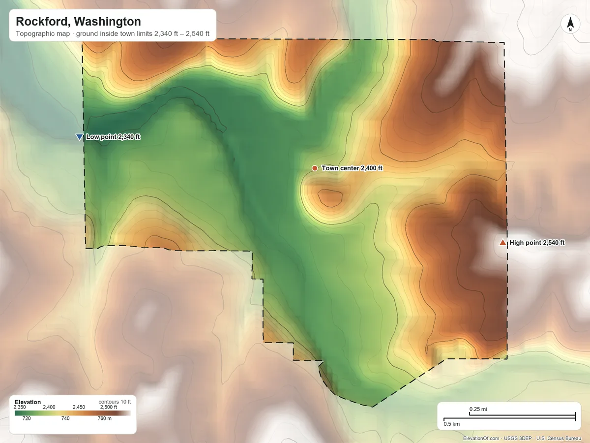 Topographic elevation map of Rockford, Washington, shaded from 2,340 ft on the west side to 2,540 ft on the east side