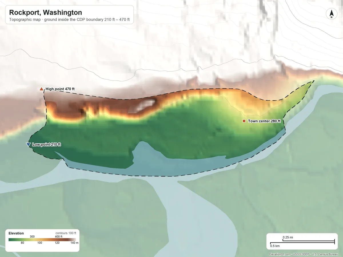 Topographic elevation map of Rockport, Washington, shaded from 210 ft on the west side to 470 ft on the west edge, below higher ground just outside