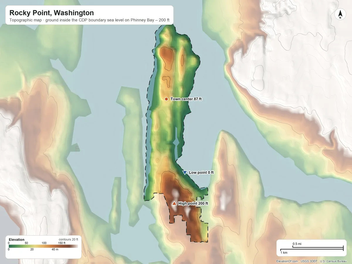 Topographic elevation map of Rocky Point, Washington, shaded from sea level level on Phinney Bay to 200 ft on the south side