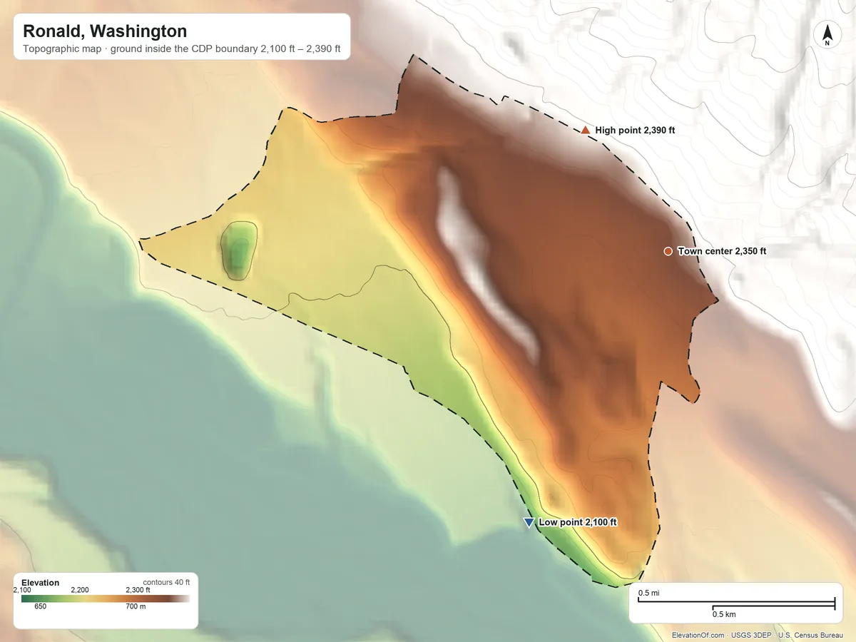 Topographic elevation map of Ronald, Washington, shaded from 2,100 ft on the southwest side to 2,390 ft on the northwest edge, below higher ground just outside