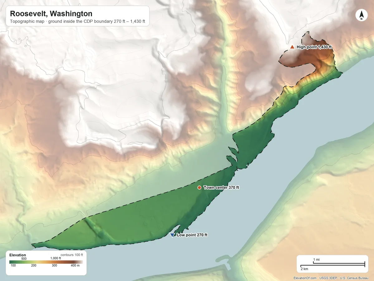 Topographic elevation map of Roosevelt, Washington, shaded from 270 ft on the southwest side to 1,430 ft on the northeast edge, below higher ground just outside