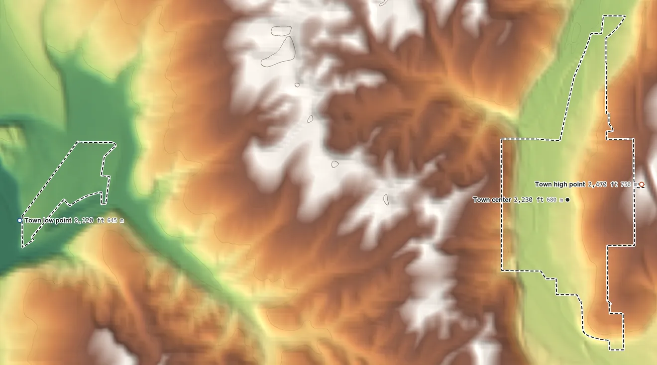 Topographic elevation map of Rosalia, Washington, shaded from 2,120 ft on the west side to 2,470 ft on the east side