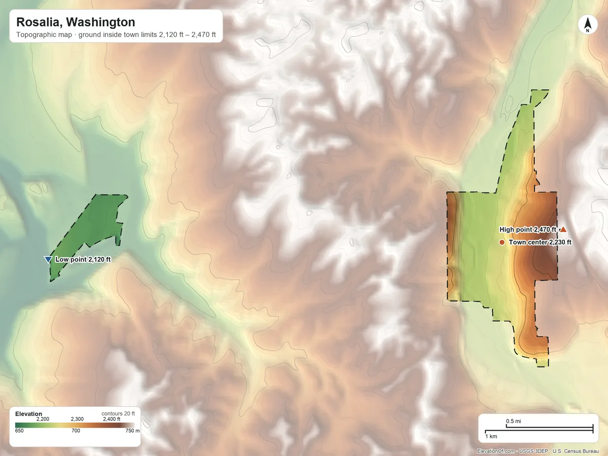 Topographic elevation map of Rosalia, Washington, shaded from 2,120 ft on the west side to 2,470 ft on the east side