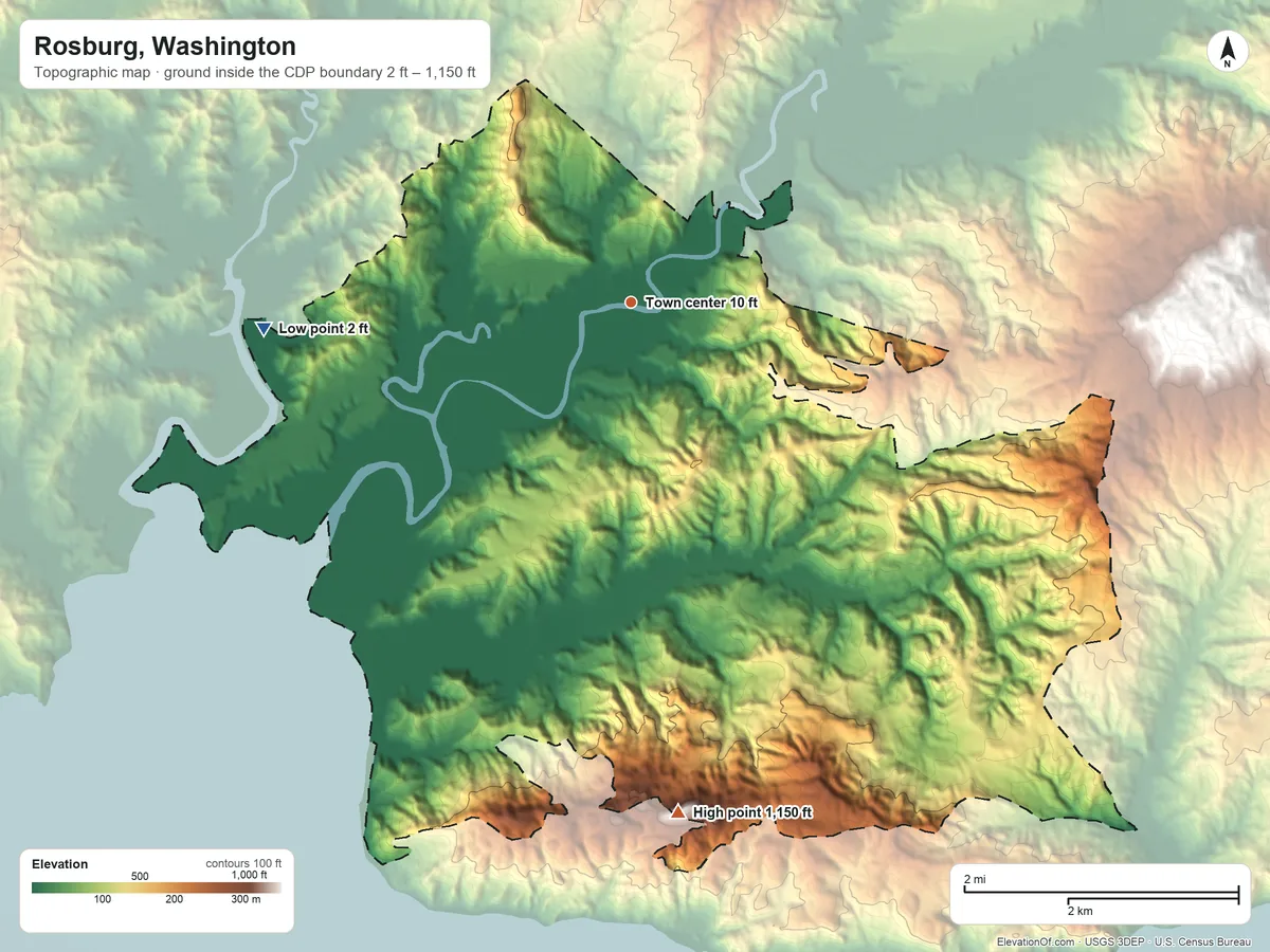 Topographic elevation map of Rosburg, Washington, shaded from 2 ft on the west side to 1,150 ft on Altoona Hill