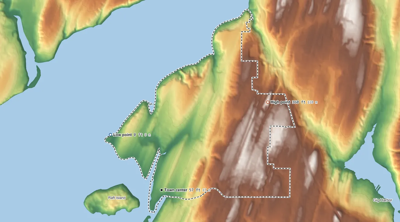 Topographic elevation map of Rosedale, Washington, shaded from sea level level on Henderson Bay to 360 ft on the northeast side