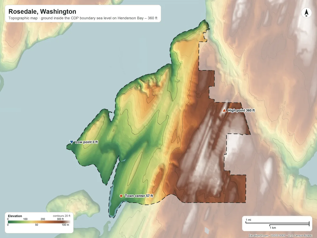Topographic elevation map of Rosedale, Washington, shaded from sea level level on Henderson Bay to 360 ft on the northeast side