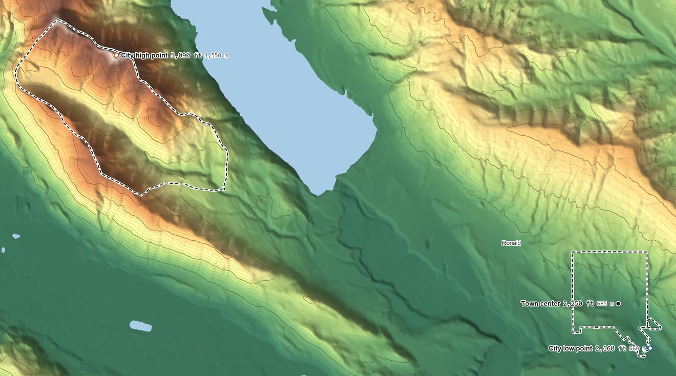 Topographic elevation map of Roslyn, Washington, shaded from 2,160 ft near the middle to 5,090 ft on Mount Baldy