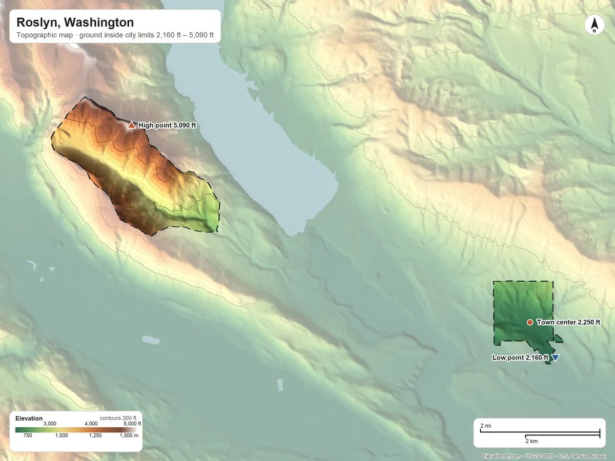 Topographic elevation map of Roslyn, Washington, shaded from 2,160 ft near the middle to 5,090 ft on Mount Baldy