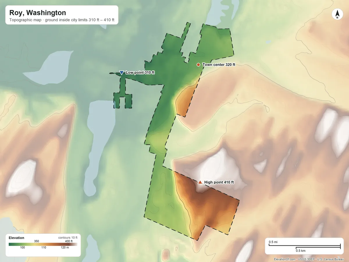 Topographic elevation map of Roy, Washington, shaded from 310 ft on the west side to 410 ft on the south side