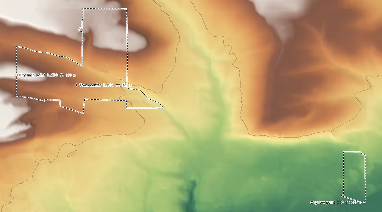 Topographic elevation map of Royal City, Washington, shaded from 880 ft on the east side to 1,150 ft on the west side
