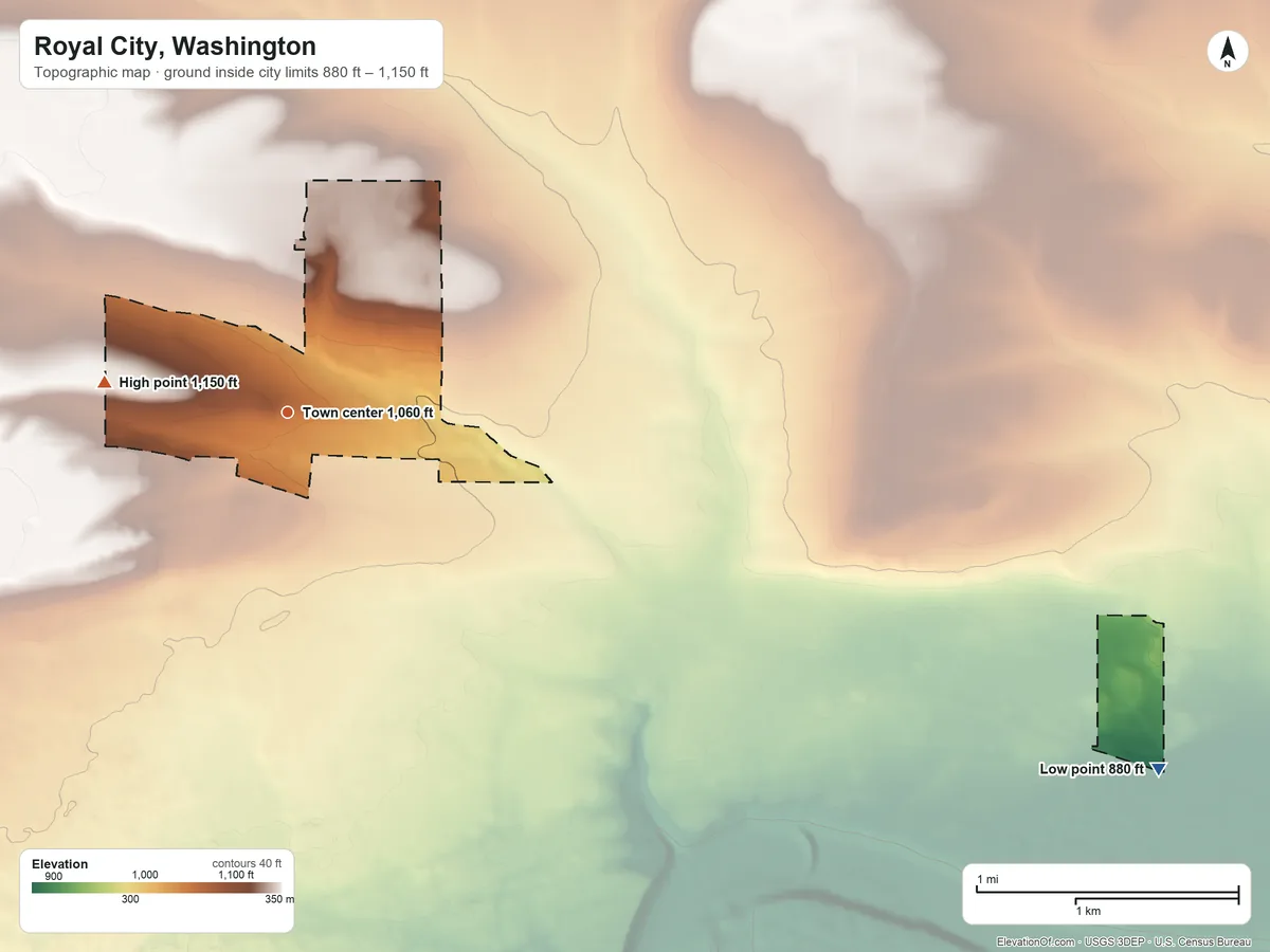 Topographic elevation map of Royal City, Washington, shaded from 880 ft on the east side to 1,150 ft on the west side