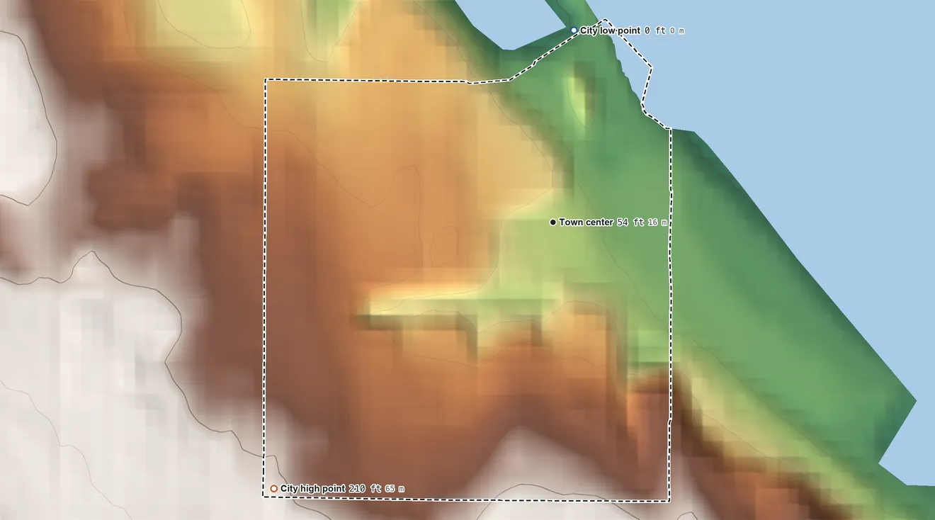 Topographic elevation map of Ruston, Washington, shaded from sea level level on the Salish Sea to 210 ft on the southwest side