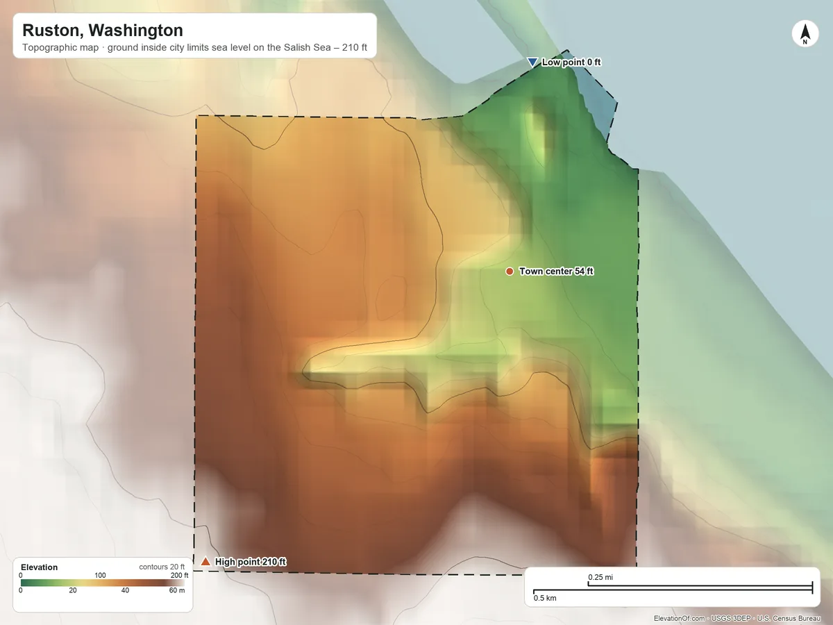 Topographic elevation map of Ruston, Washington, shaded from sea level level on the Salish Sea to 210 ft on the southwest side