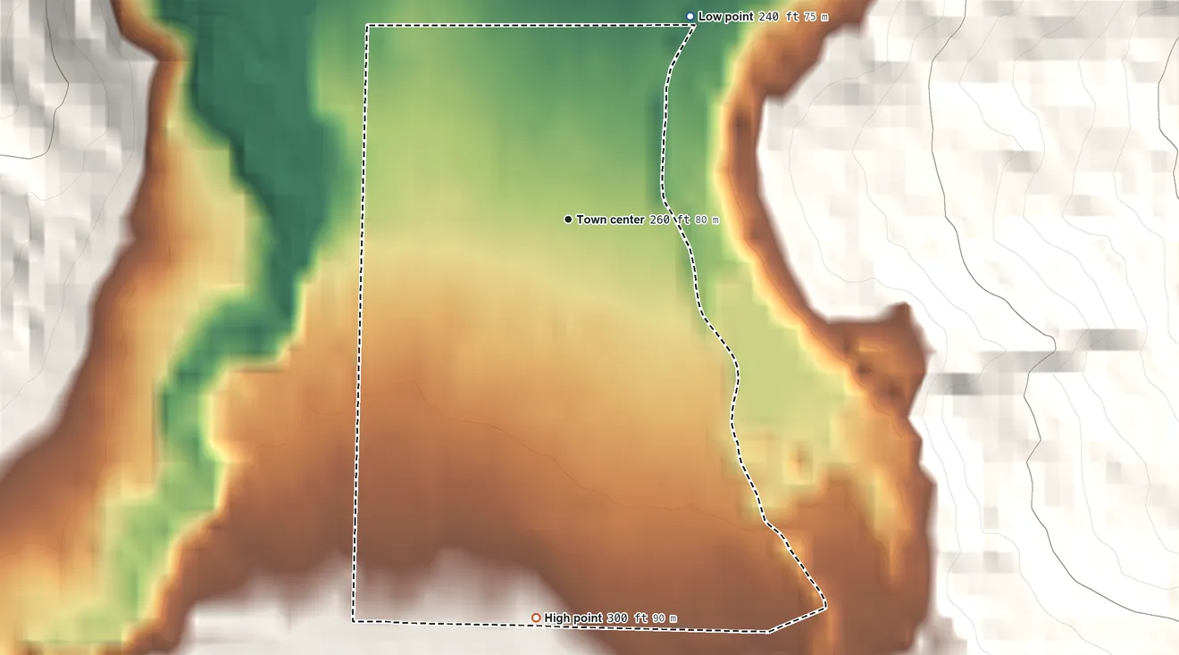 Topographic elevation map of Ryderwood, Washington, shaded from 240 ft on the northeast side to 300 ft at the foot of the Wilkes Hills