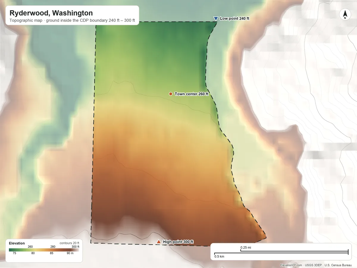 Topographic elevation map of Ryderwood, Washington, shaded from 240 ft on the northeast side to 300 ft at the foot of the Wilkes Hills
