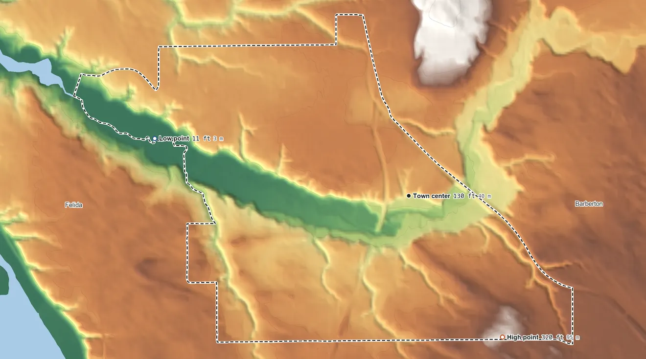 Topographic elevation map of Salmon Creek, Washington, shaded from 11 ft on the west side to 320 ft on the southeast side