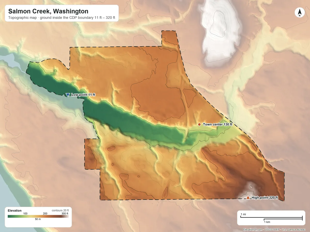 Topographic elevation map of Salmon Creek, Washington, shaded from 11 ft on the west side to 320 ft on the southeast side