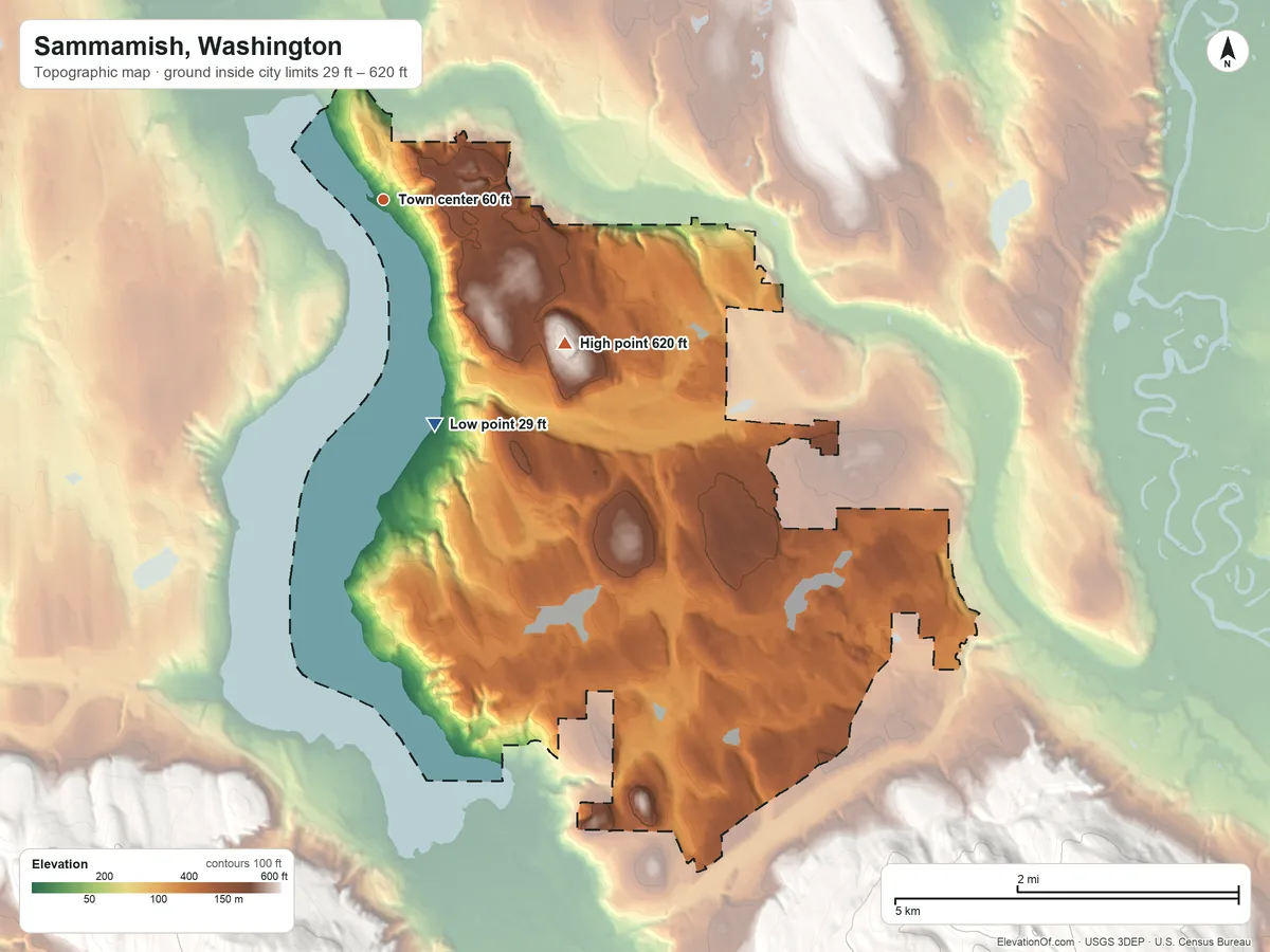 Topographic elevation map of Sammamish, Washington, shaded from 29 ft on the south side to 620 ft on the southeast side