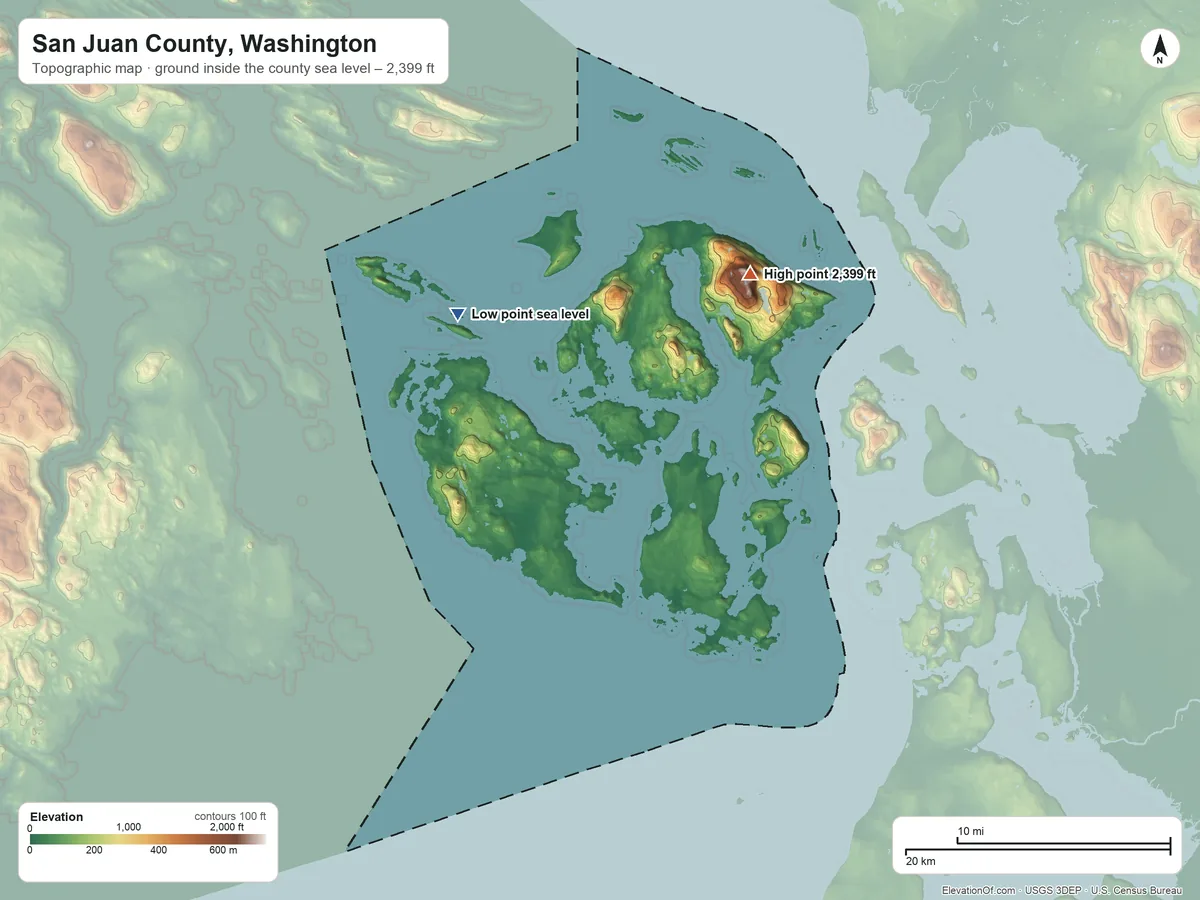 Topographic elevation map of San Juan County, Washington, shaded from sea level on the New Channel to 2,399 ft on Mount Constitution