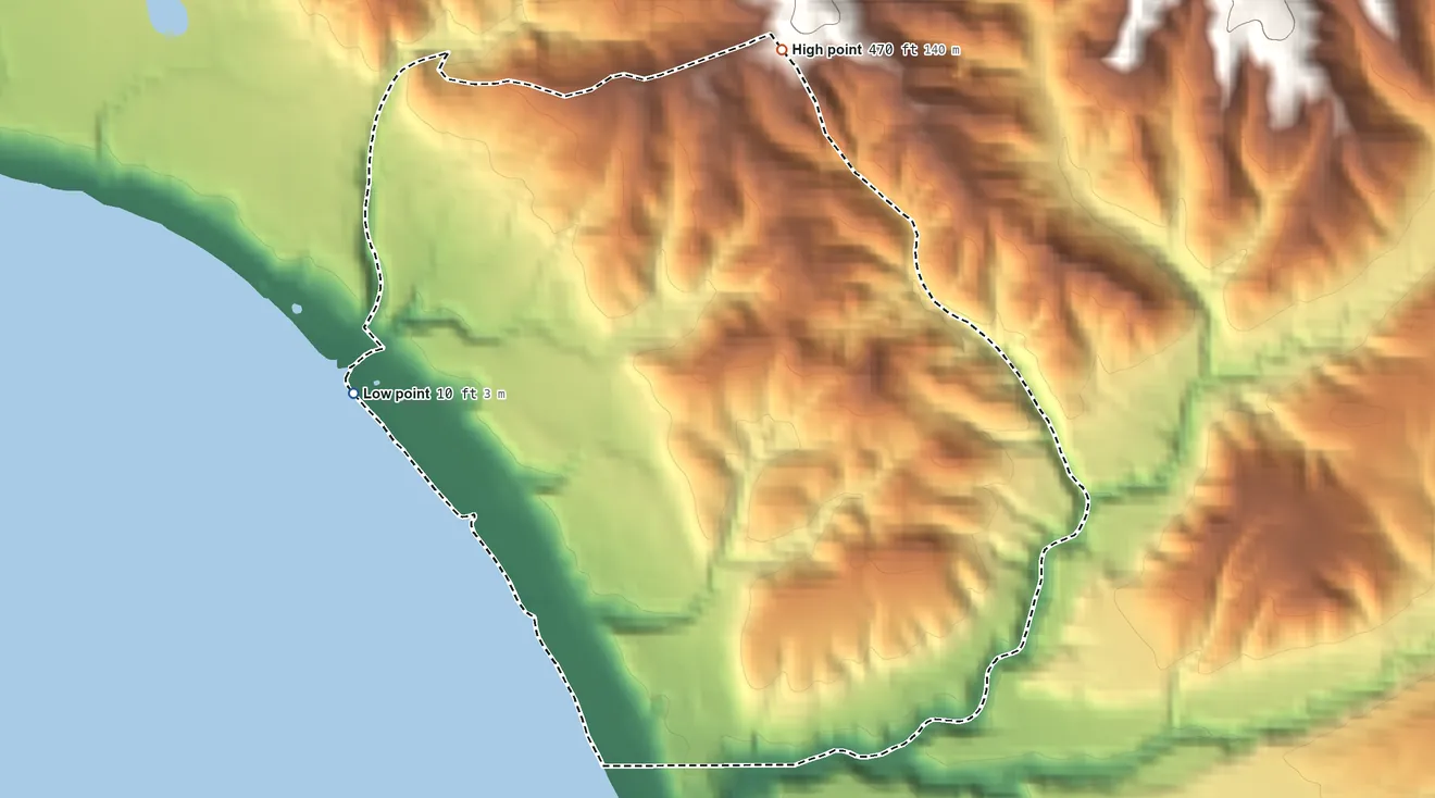 Topographic elevation map of Santiago, Washington, shaded from 10 ft on the northwest side to 470 ft on the northeast side