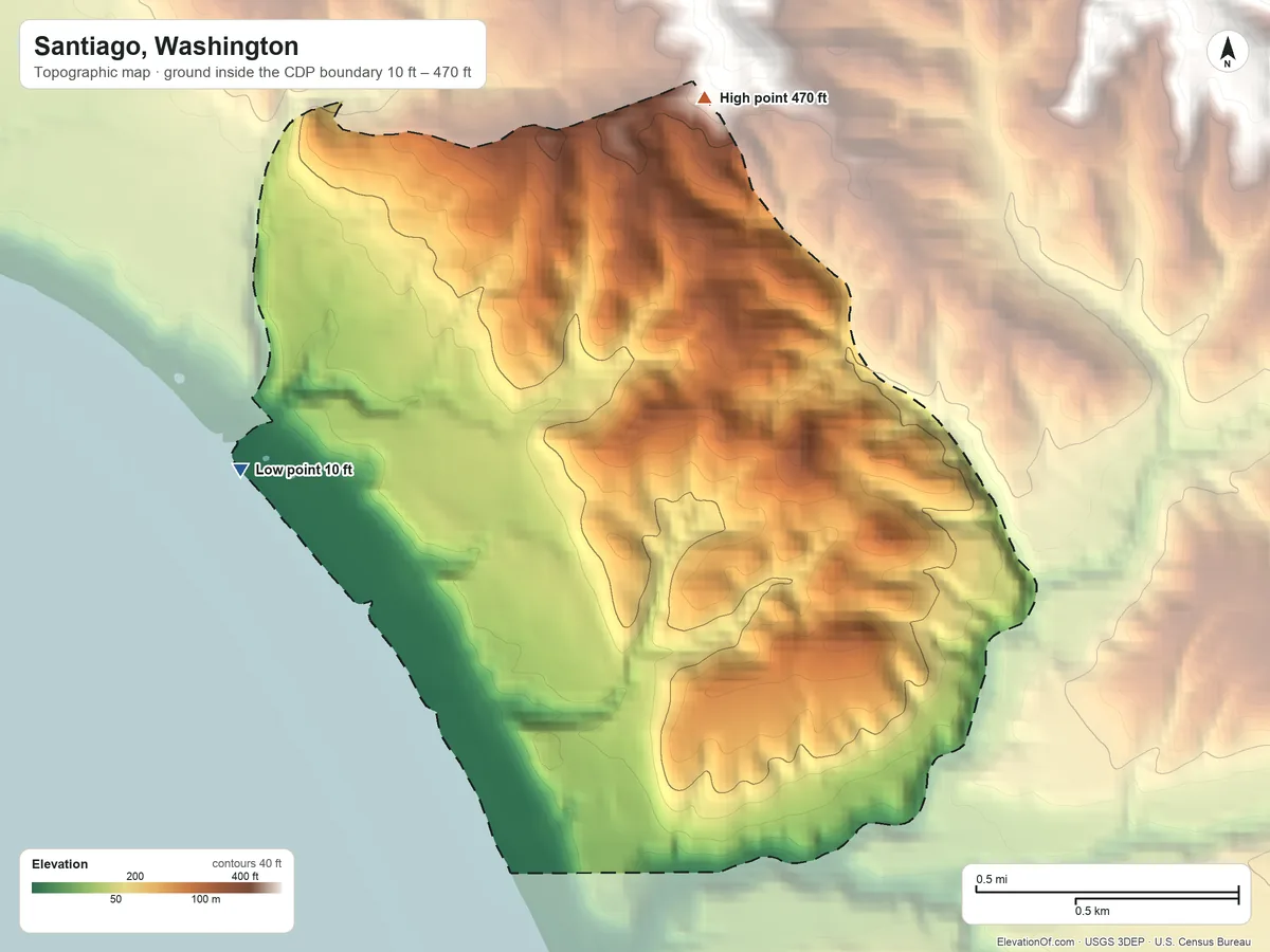 Topographic elevation map of Santiago, Washington, shaded from 10 ft on the northwest side to 470 ft on the northeast side