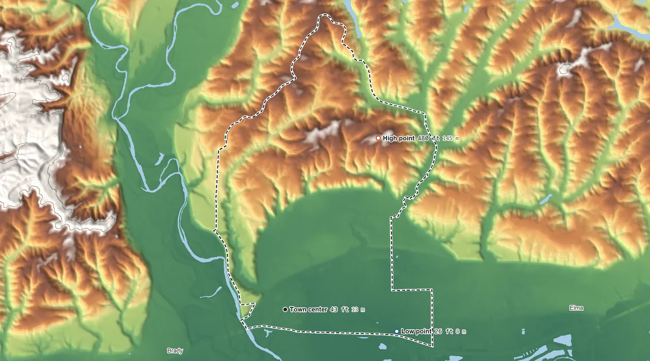 Topographic elevation map of Satsop, Washington, shaded from 26 ft on the east side to 480 ft on the northeast side