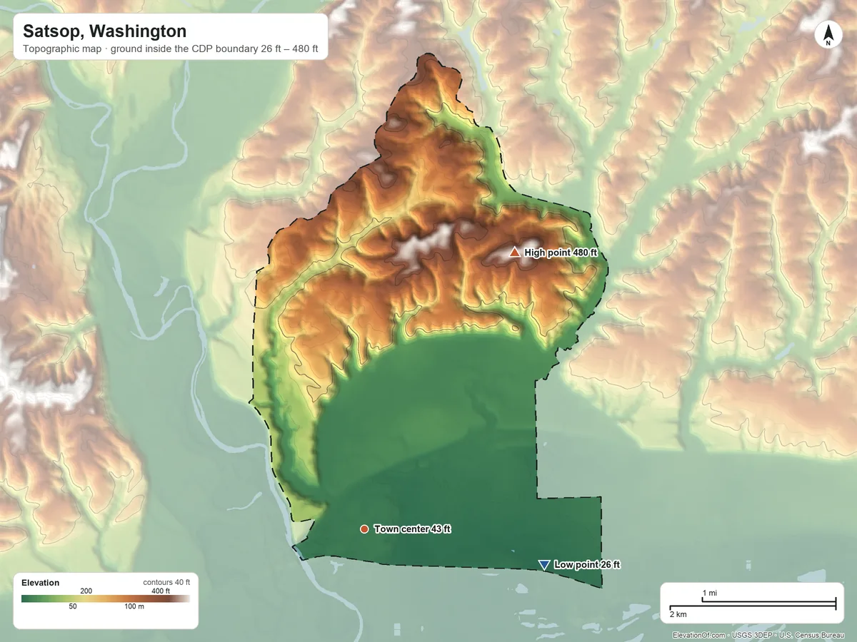 Topographic elevation map of Satsop, Washington, shaded from 26 ft on the east side to 480 ft on the northeast side