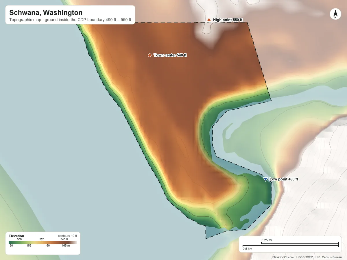 Topographic elevation map of Schwana, Washington, shaded from 490 ft on the southeast side to 550 ft on the northeast edge, below higher ground just outside