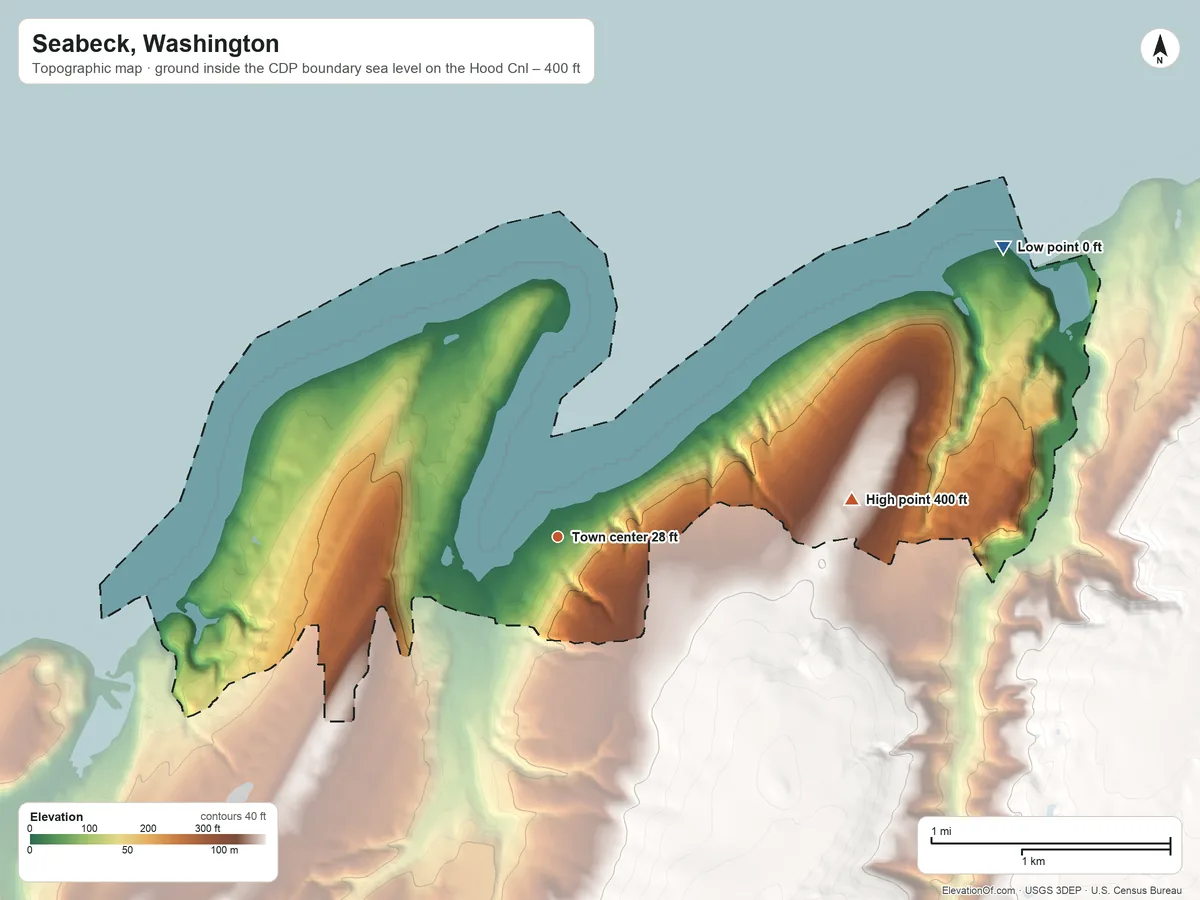 Topographic elevation map of Seabeck, Washington, shaded from sea level level on Hood Canal to 400 ft on the east side