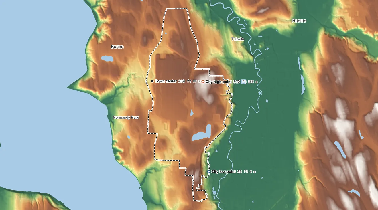Topographic elevation map of SeaTac, Washington, shaded from 30 ft on the southeast side to 510 ft on the east side