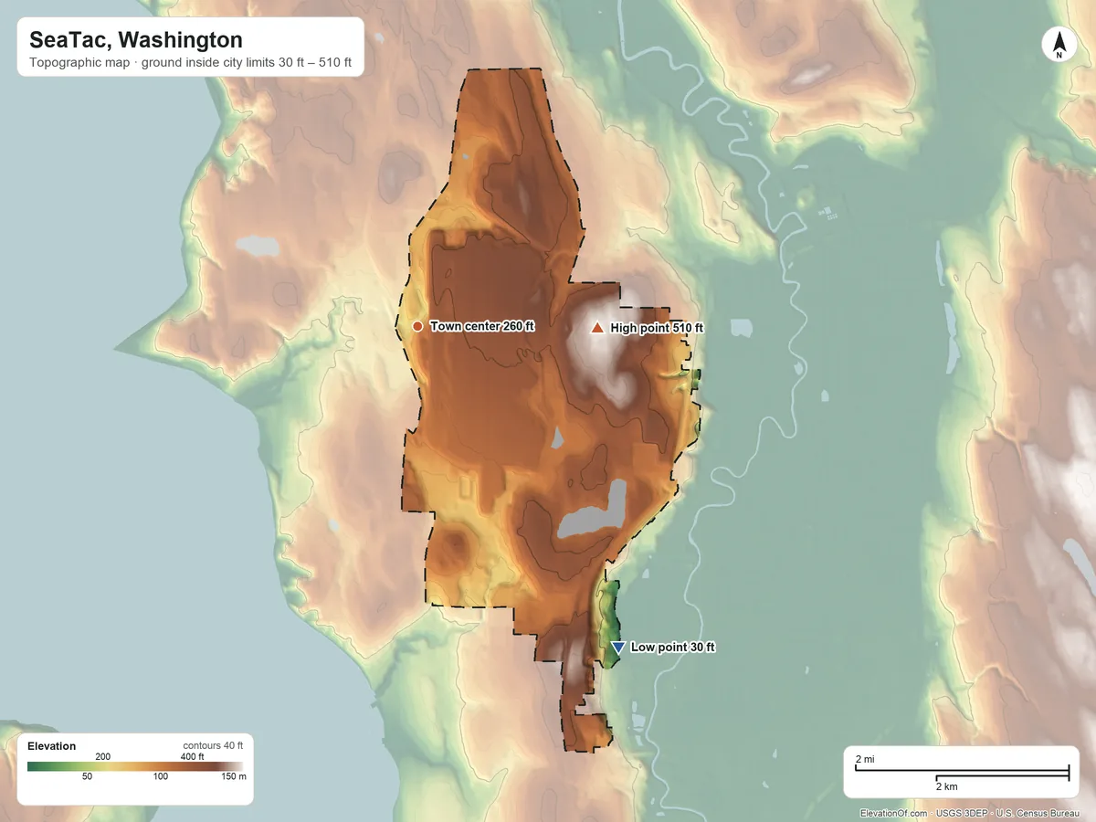 Topographic elevation map of SeaTac, Washington, shaded from 30 ft on the southeast side to 510 ft on the east side