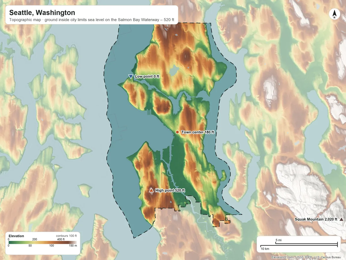 Topographic elevation map of Seattle, Washington, shaded from sea level level on the Salmon Bay Waterway to 520 ft on the southwest side
