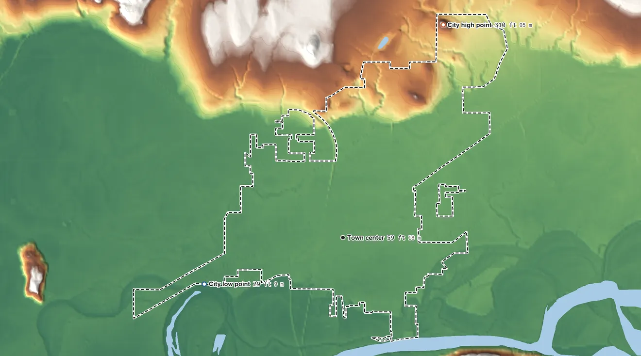 Topographic elevation map of Sedro-Woolley, Washington, shaded from 29 ft on the west side to 310 ft on Goat Hill